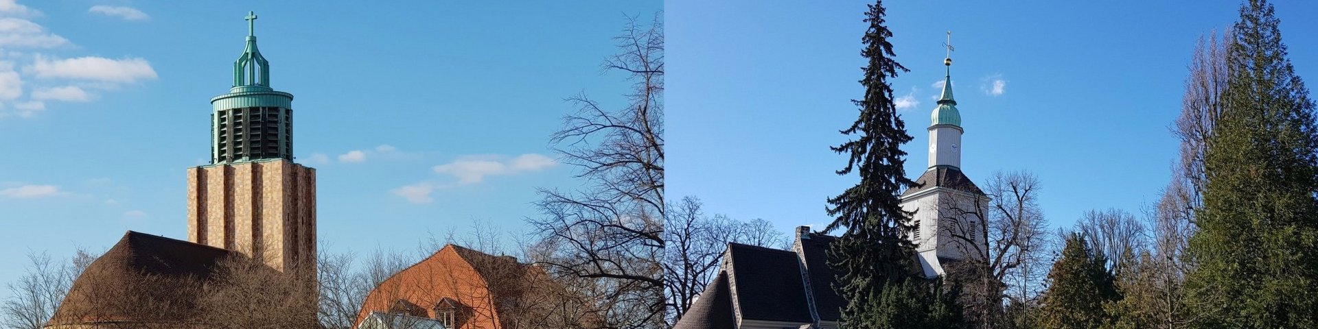 Martin-Luther-Gedächtnis-Kirche und Alte Dorfkirche Mariendorf im Frühling