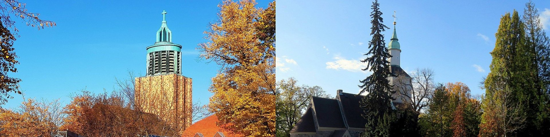 Martin-Luther-Gedächtnis-Kirche und Alte Dorfkirche Mariendorf im Herbst