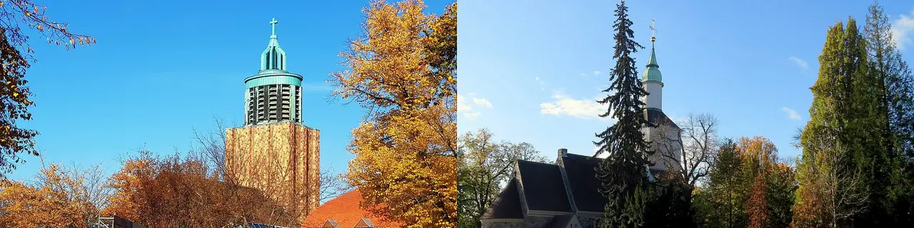 Martin-Luther-Gedächtnis-Kirche und Alte Dorfkirche Mariendorf im Herbst